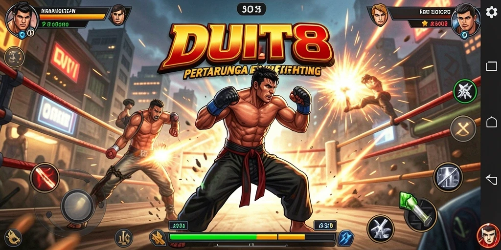 Tampilan dinamis gameplay Fighting DUIT8 dengan karakter bertarung.
