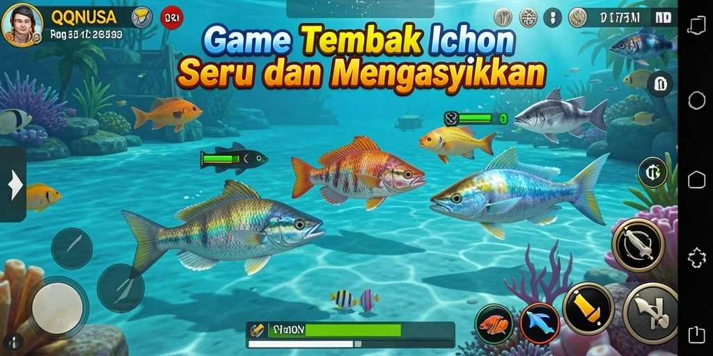 Tampilan gameplay QQNUSA yang penuh aksi menangkap ikan.