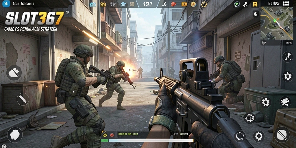 Screenshot menunjukkan aksi intens dalam gameplay FPS SLOT367.